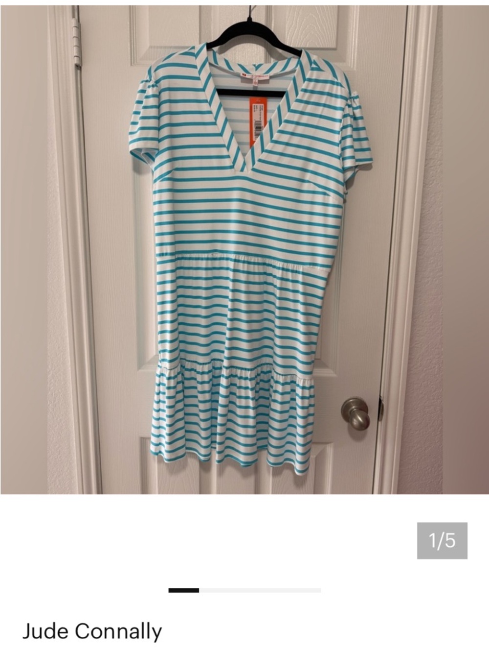 Jude Connally Girls' Teal and White Striped Tiered V-Neck Dress